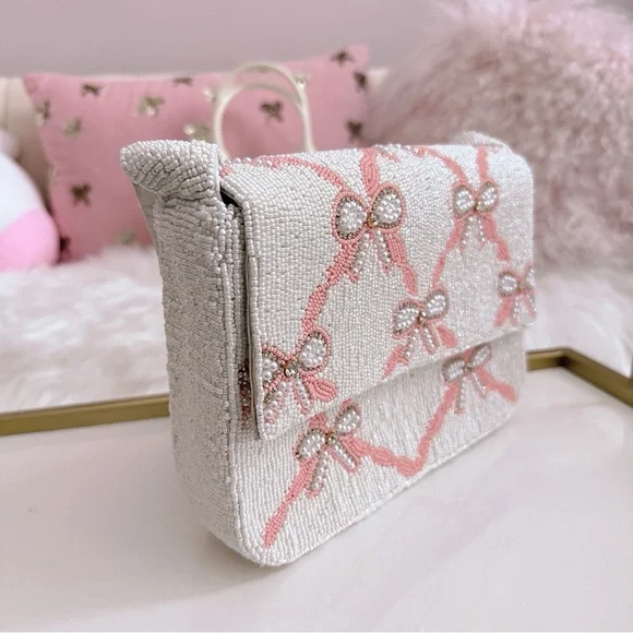 Altar’d State Bridal White & Pink Beaded Bow Bag - Picture 4 of 4